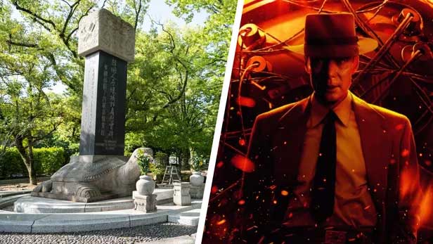 Le parc du Mémorial de la Paix de Hiroshima et le film Oppenheimer, réalisé par Christopher Nolan, qui s’intéresse au bombardement atomique. AFP / YUICHI YAMAZAKI//Universal Studios.